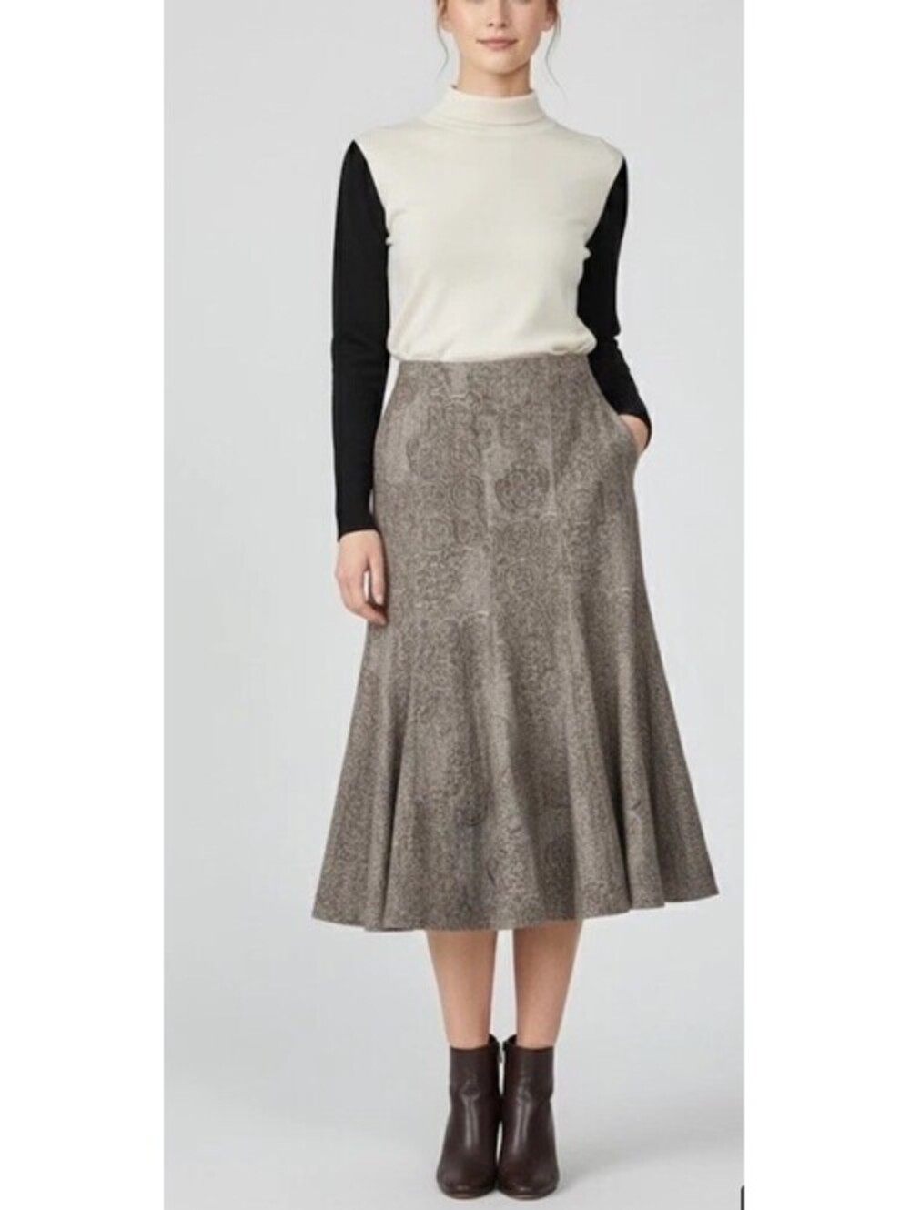 VTG 90s Joyce Ridings Wool Blend Jacquard Gored Midi Skirt Taupe Women 12